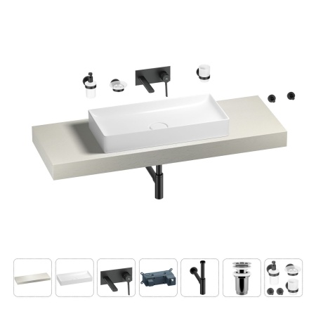 Раковина 75 см со столешницей 140 см Wellsee Pure BY Wellsee 201011807 в наборе 9 в 1: столешница, раковина, встраиваемый смеситель, сифон, выпуск, аксессуары (цвет набора матовый черный)