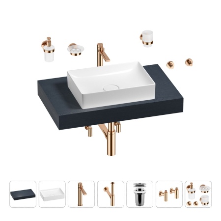 Раковина 50 см со столешницей 80 см Wellsee Pure BY Wellsee 201011099 в наборе 10 в 1: столешница, раковина, высокий смеситель, сифон, выпуск, кран-вентили, аксессуары (цвет розовое золото)
