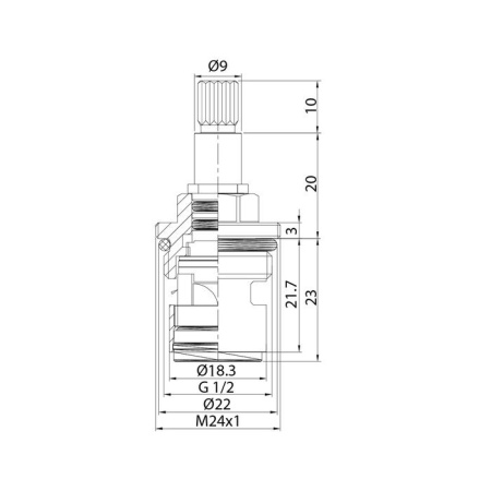 Кран-букса керамическая, 180°, 20 зубцов, G 1/2", M24, h=53 мм, IDDIS 998CR531SM