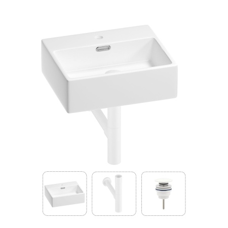 Раковина для ванной Wellsee Graceful Pro 201001315 в наборе 3 в 1: прямоугольная раковина белого глянцевого цвета, сифон, донный клапан в цвете матовый белый