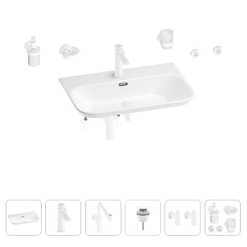 Раковина для ванной Wellsee Eclatant 2.0 201007550 в наборе 9 в 1: раковина белого глянцевого цвета, смеситель, сифон, донный клапан, угловые вентили, аксессуары (цвет набора матовый белый)
