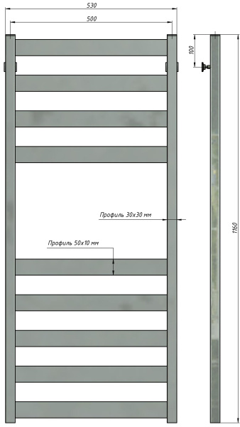 Полотенцесушитель водяной Stinox San Remo 500x1200, нижнее подключение, черный матовый, 1/2" ВР (внутренняя резьба), 9 перекладин