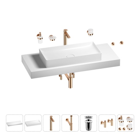 Раковина 75 см со столешницей 120 см Wellsee Pure BY Wellsee 201011754 в наборе 10 в 1: столешница, раковина, высокий смеситель, сифон, выпуск, кран-вентили, аксессуары (цвет розовое золото)