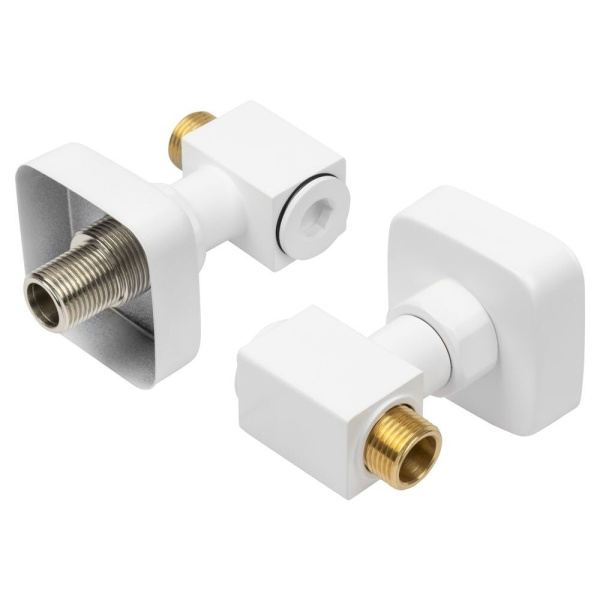 Уголок квадратный для полотенцесушителей 3/4" х 1/2" гайка-штуцер, с эксцентриком и отражателем белый матовый