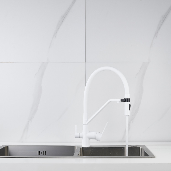 Смеситель для кухни с гибким изливом и подключением фильтра Shevanik S278C, белый