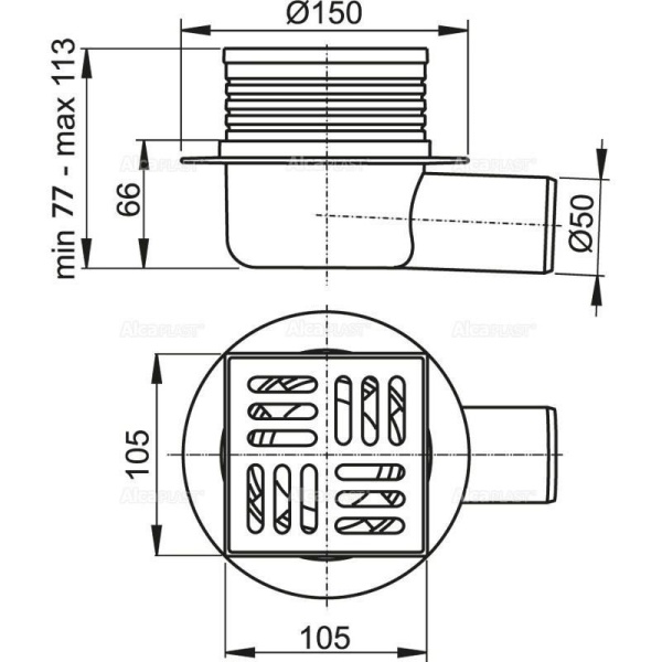 Сливной трап Alcaplast 105 105/50 подводка боковая решетка нерж. сталь гидрозатвор APV26