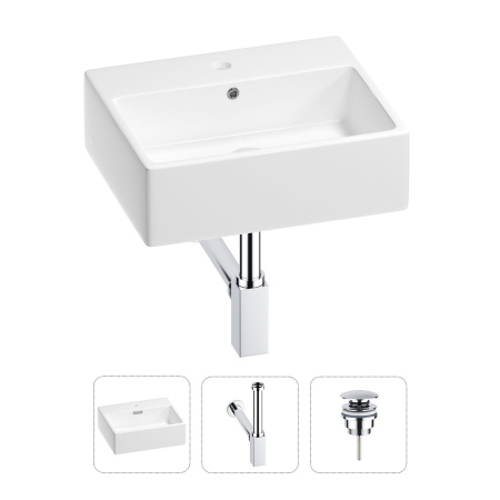 Раковина для ванной Wellsee Graceful Pro 201001331 в наборе 3 в 1: прямоугольная раковина белого глянцевого цвета, сифон, донный клапан в цвете хром