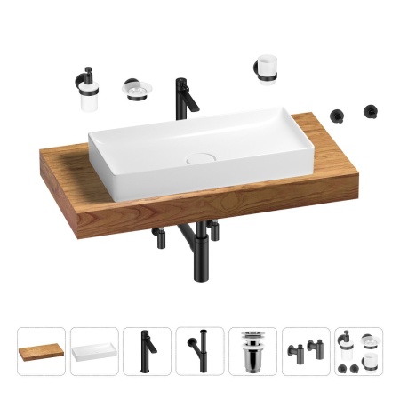 Раковина 75 см со столешницей 100 см Wellsee Pure BY Wellsee 201011597 в наборе 10 в 1: столешница, раковина, высокий смеситель, сифон, выпуск, кран-вентили, аксессуары (цвет матовый черный)