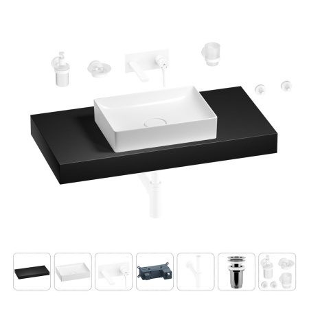 Раковина 50 см со столешницей 100 см Wellsee Pure BY Wellsee 201011310 в наборе 9 в 1: столешница, раковина, встраиваемый смеситель, сифон, выпуск, аксессуары (цвет набора матовый белый)