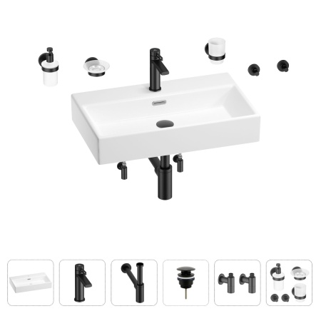 Раковина для ванной Wellsee Graceful Pro 201006707 в наборе 9 в 1: раковина белого глянцевого цвета, смеситель, сифон, донный клапан, угловые вентили, аксессуары (цвет набора матовый черный)