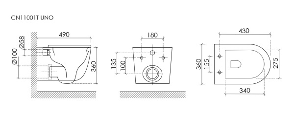 Подвесной унитаз Ceramicanova UNO безободковый, смыв Торнадо, с крепежом для полностью скрытого монтажа, ультратонким сидением с функцией быстрого снятия и крышкой с функцией плавного закрытия, цвет белый CN11001T