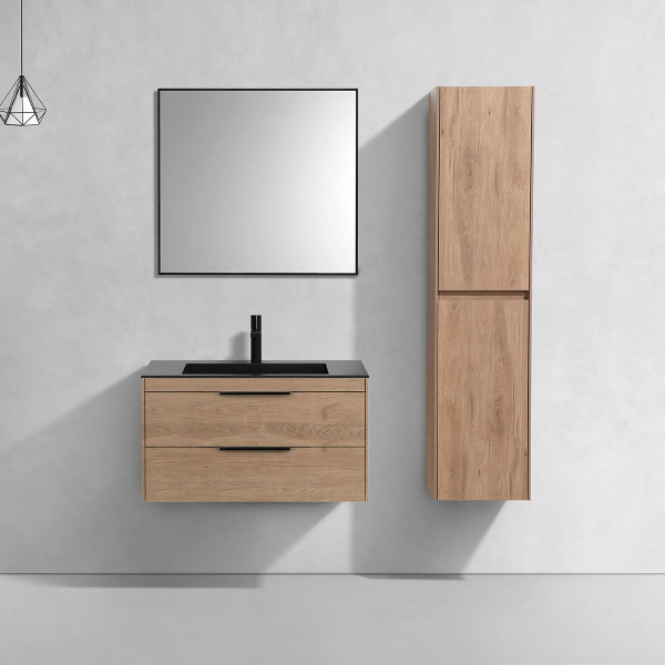 Тумба Vincea Chiara 2D 800 подвесная, 2 выкатных ящика soft-close, N.Oak с умывальником VCB-13800G из кварца, цвет серый