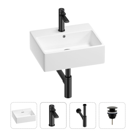 Раковина для ванной Wellsee Graceful Pro 201002937 в наборе 4 в 1: раковина белого глянцевого цвета, смеситель, сифон, донный клапан (цвет набора матовый черный)