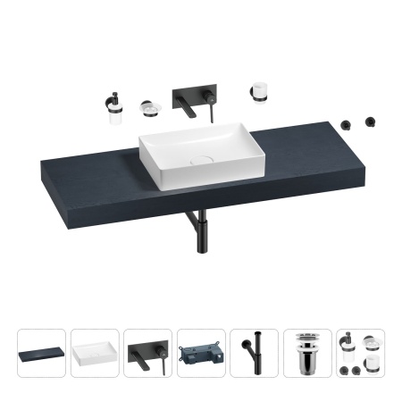 Раковина 50 см со столешницей 140 см Wellsee Pure BY Wellsee 201011467 в наборе 9 в 1: столешница, раковина, встраиваемый смеситель, сифон, выпуск, аксессуары (цвет набора матовый черный)