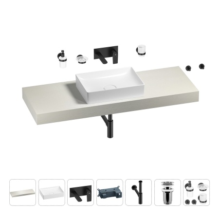 Раковина 50 см со столешницей 140 см Wellsee Pure BY Wellsee 201011442 в наборе 9 в 1: столешница, раковина, встраиваемый смеситель, сифон, выпуск, аксессуары (цвет набора матовый черный)