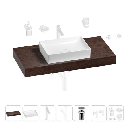 Раковина 50 см со столешницей 100 см Wellsee Pure BY Wellsee 201011260 в наборе 10 в 1: столешница, раковина, высокий смеситель, сифон, выпуск, кран-вентили, аксессуары (цвет матовый белый)