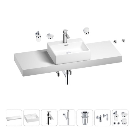 Раковина 50 см со столешницей 140 см Wellsee Graceful Pro 201012611 в наборе 10 в 1: столешница, раковина, смеситель, сифон, донный клапан, угловые вентили, аксессуары (цвет хром)
