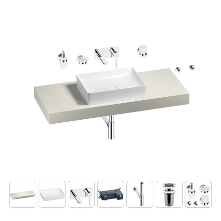 Раковина 50 см со столешницей 120 см Wellsee Pure BY Wellsee 201011326 в наборе 9 в 1: столешница, раковина, встраиваемый смеситель, сифон, выпуск, аксессуары (цвет набора хром)