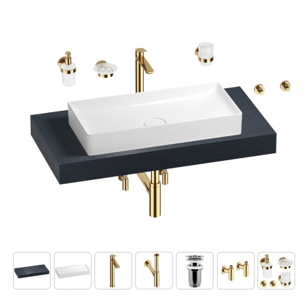 Раковина 75 см со столешницей 100 см Wellsee Pure BY Wellsee 201011573 в наборе 10 в 1: столешница, раковина, высокий смеситель, сифон, выпуск, кран-вентили, аксессуары (цвет золото)
