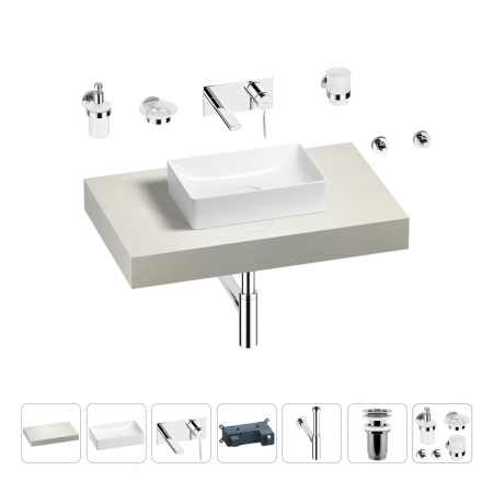 Раковина 42 см со столешницей 80 см Wellsee Pure BY Wellsee 201010721 в наборе 9 в 1: столешница, раковина, встраиваемый смеситель, сифон, выпуск, аксессуары (цвет набора хром)