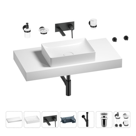 Раковина 50 см со столешницей 100 см Wellsee Pure BY Wellsee 201011287 в наборе 9 в 1: столешница, раковина, встраиваемый смеситель, сифон, выпуск, аксессуары (цвет набора матовый черный)