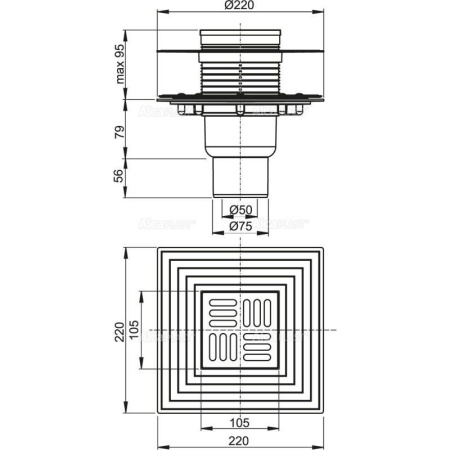 Сливной трап Alcaplast 105х105/50 подводка прямая решетка нержавеющая сталь APV2324