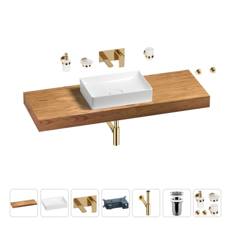 Раковина 50 см со столешницей 140 см Wellsee Pure BY Wellsee 201011483 в наборе 9 в 1: столешница, раковина, встраиваемый смеситель, сифон, выпуск, аксессуары (цвет набора золото)
