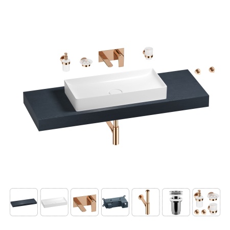 Раковина 75 см со столешницей 140 см Wellsee Pure BY Wellsee 201011824 в наборе 9 в 1: столешница, раковина, встраиваемый смеситель, сифон, выпуск, аксессуары (цвет набора розовое золото)