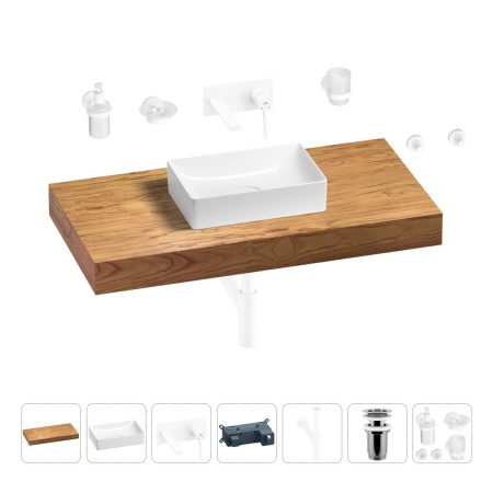 Раковина 42 см со столешницей 100 см Wellsee Pure BY Wellsee 201010845 в наборе 9 в 1: столешница, раковина, встраиваемый смеситель, сифон, выпуск, аксессуары (цвет набора матовый белый)