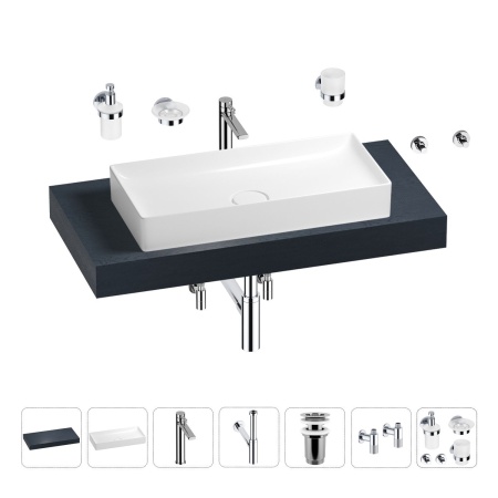 Раковина 75 см со столешницей 100 см Wellsee Pure BY Wellsee 201011576 в наборе 10 в 1: столешница, раковина, высокий смеситель, сифон, выпуск, кран-вентили, аксессуары (цвет хром)