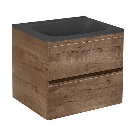 Тумба Vincea Vico 600 подвесная, 2 выкатных ящика soft close, V.Oak с умывальником VCB-2VP600B из кварцевого камня, цвет черный