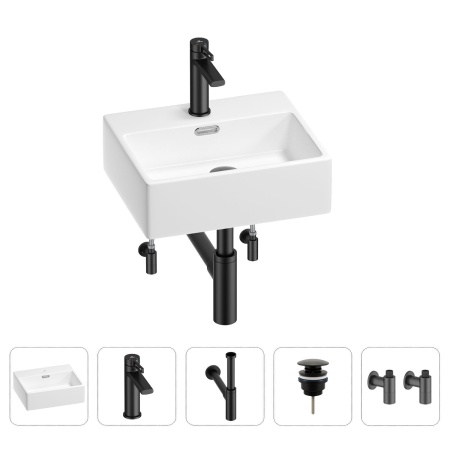 Раковина для ванной Wellsee Graceful Pro 201004562 в наборе 5 в 1: раковина белого глянцевого цвета, смеситель, сифон, донный клапан, угловые вентили (цвет набора матовый черный)