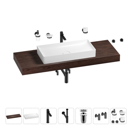 Раковина 75 см со столешницей 140 см Wellsee Pure BY Wellsee 201011857 в наборе 10 в 1: столешница, раковина, высокий смеситель, сифон, выпуск, кран-вентили, аксессуары (цвет матовый черный)