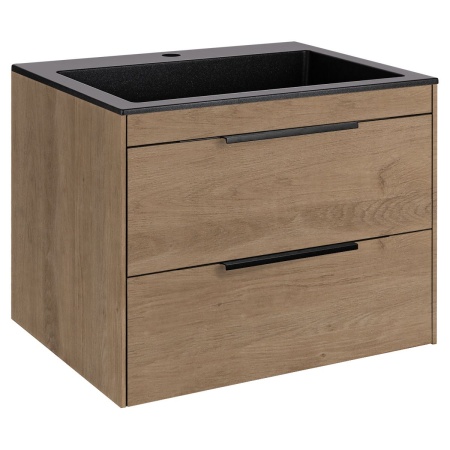Тумба Vincea Chiara 2D 600 подвесная, 2 выкатных ящика soft-close, N.Oak с умывальником VCB-13600B из кварца, цвет черный
