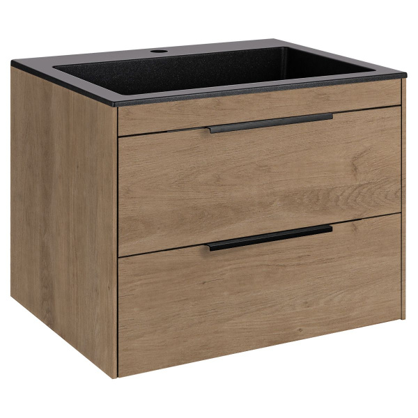 Тумба Vincea Chiara 2D 600 подвесная, 2 выкатных ящика soft-close, N.Oak с умывальником VCB-13600B из кварца, цвет черный