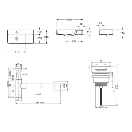 Комплект 3 в 1 Lavinia Boho Bathroom Sink 21520523: накладная фарфоровая раковина 60 см, металлический сифон, донный клапан