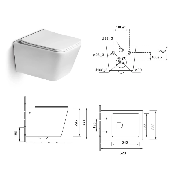 Комплект инсталляция TIMO TWC-01 и кнопка смыва TIMO INARI FP-003W с унитазом Santiline SL-5007