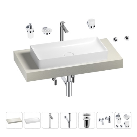 Раковина 75 см со столешницей 100 см Wellsee Pure BY Wellsee 201011551 в наборе 10 в 1: столешница, раковина, высокий смеситель, сифон, выпуск, кран-вентили, аксессуары (цвет хром)