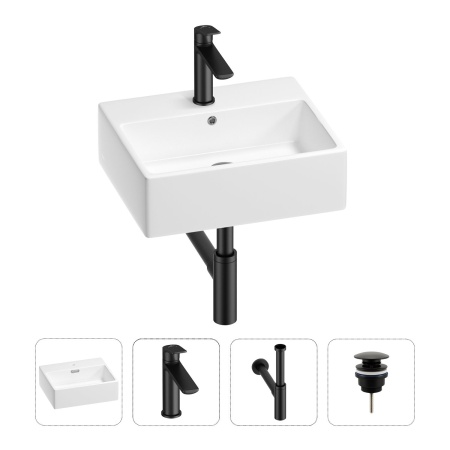 Раковина для ванной Wellsee Graceful Pro 201002932 в наборе 4 в 1: раковина белого глянцевого цвета, смеситель, сифон, донный клапан (цвет набора матовый черный)