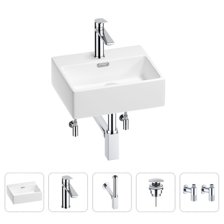 Раковина для ванной Wellsee Graceful Pro 201004536 в наборе 5 в 1: раковина белого глянцевого цвета, смеситель, сифон, донный клапан, угловые вентили (цвет набора хром)