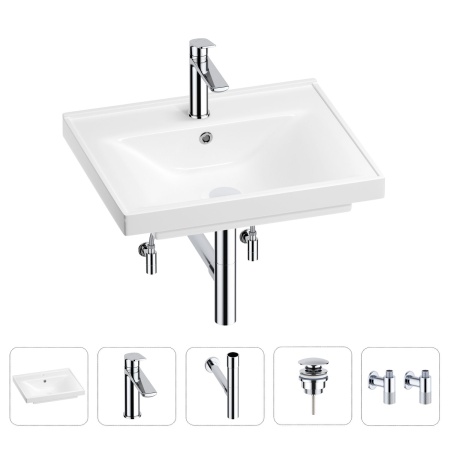 Раковина для ванной Wellsee FreeDom 201004896 в наборе 5 в 1: раковина белого глянцевого цвета, смеситель, сифон, донный клапан, угловые вентили (цвет набора хром)