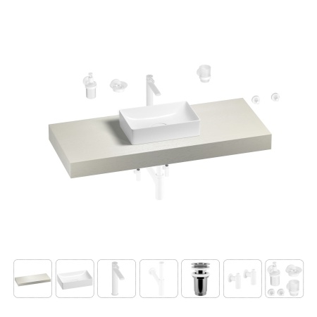 Раковина 42 см со столешницей 120 см Wellsee Pure BY Wellsee 201010895 в наборе 10 в 1: столешница, раковина, высокий смеситель, сифон, выпуск, кран-вентили, аксессуары (цвет матовый белый)
