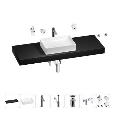 Раковина 50 см со столешницей 140 см Wellsee Pure BY Wellsee 201011536 в наборе 10 в 1: столешница, раковина, высокий смеситель, сифон, выпуск, кран-вентили, аксессуары (цвет хром)