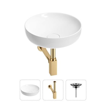 Раковина для ванной Wellsee Chalice Perfection 201001158 в наборе 3 в 1: круглая раковина белого глянцевого цвета, сифон, выпуск в цвете золото