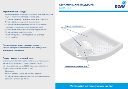Душевой поддон керамический, полукруглый, белый RGW CR/R, 900x900