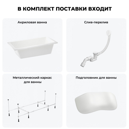 Акриловая ванна в наборе 4 в 1: встраиваемая ванна, слив-перелив, каркас, подголовник Wellsee FreeDom 20212749R