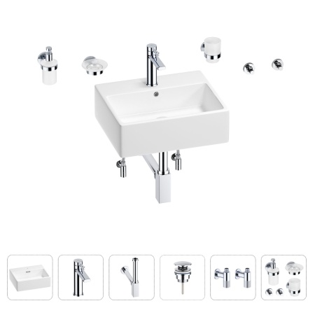 Раковина для ванной Wellsee Graceful Pro 201006666 в наборе 9 в 1: раковина белого глянцевого цвета, смеситель, сифон, донный клапан, угловые вентили, аксессуары (цвет набора хром)