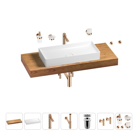 Раковина 75 см со столешницей 120 см Wellsee Pure BY Wellsee 201011719 в наборе 10 в 1: столешница, раковина, высокий смеситель, сифон, выпуск, кран-вентили, аксессуары (цвет розовое золото)