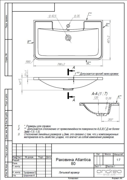 Раковина Andrea Atlantica 800 4680028070207