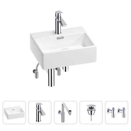 Раковина для ванной Wellsee Graceful Pro 201004566 в наборе 5 в 1: раковина белого глянцевого цвета, смеситель, сифон, донный клапан, угловые вентили (цвет набора хром)